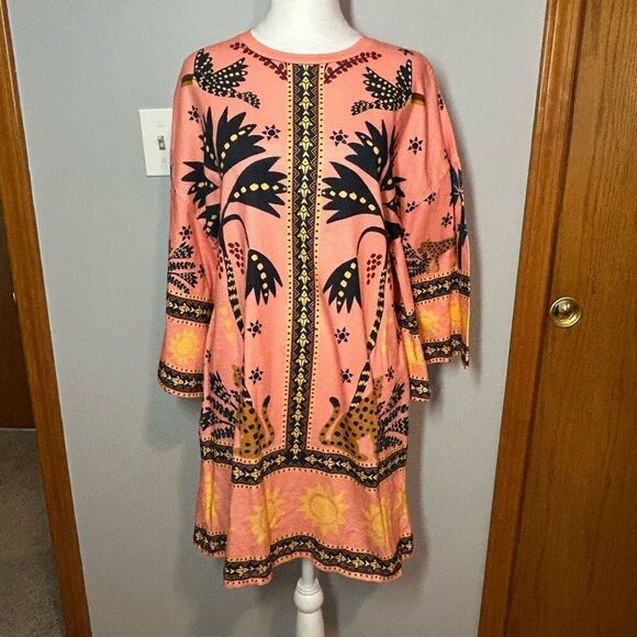 Farm Rio Anthropologie Printed Shift Mini Dress bell sleeves oversized pink comb - Picture 3 of 15